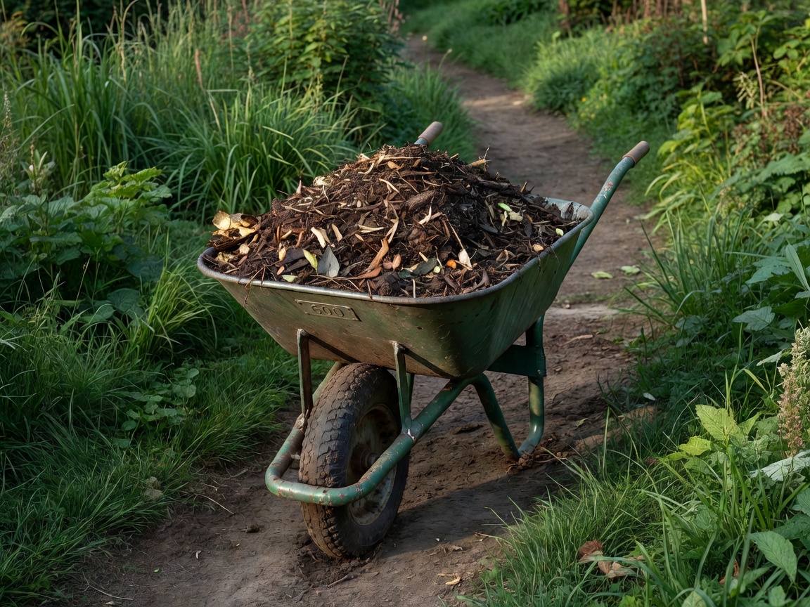 A heavy-duty wheelbarrow loaded with compost