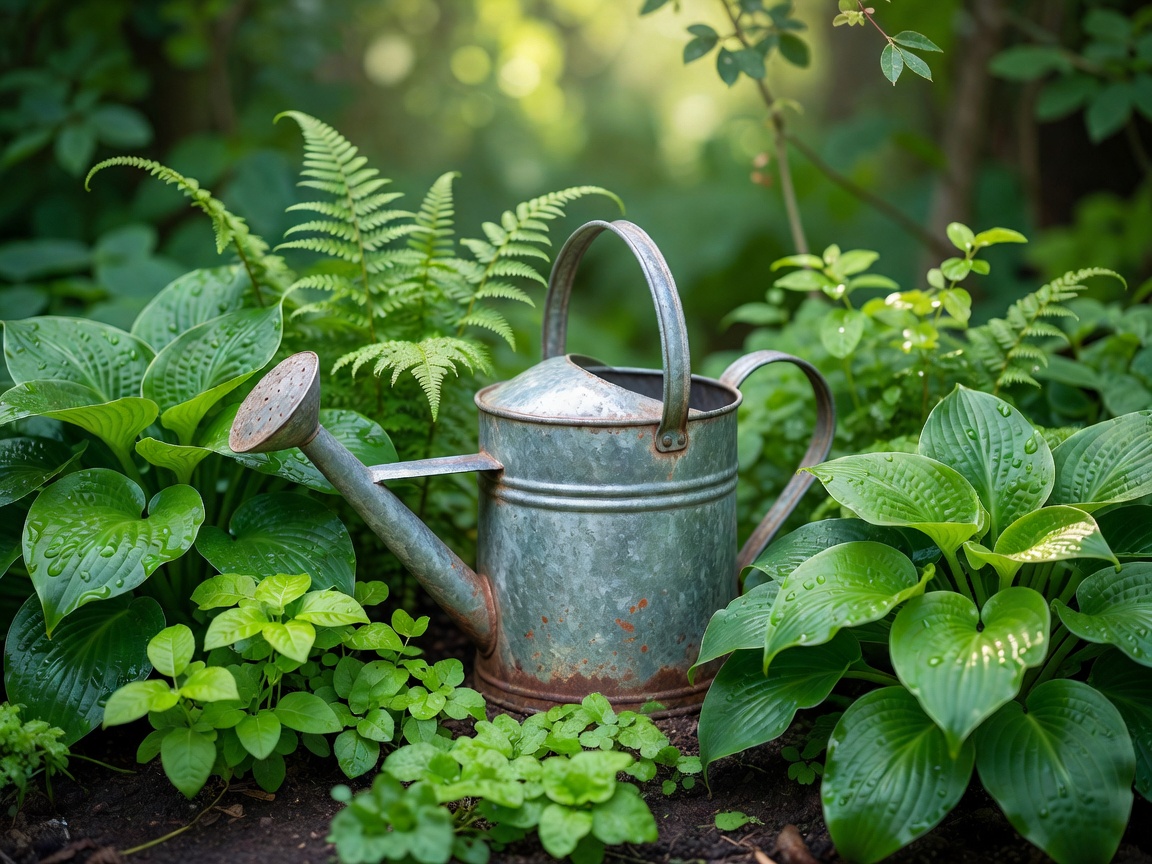 A metal watering can surrounded by green foliage