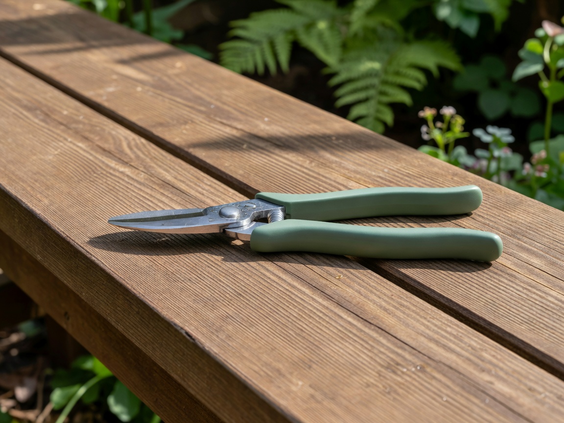 A pair of clean bypass secateurs resting on a wooden bench