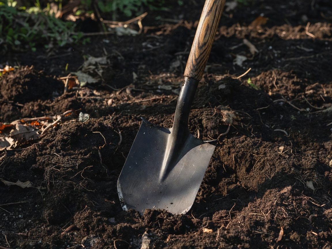 A sturdy digging spade stuck into dark fertile soil