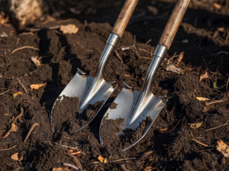 Two high quality digging spades placed into rich soil