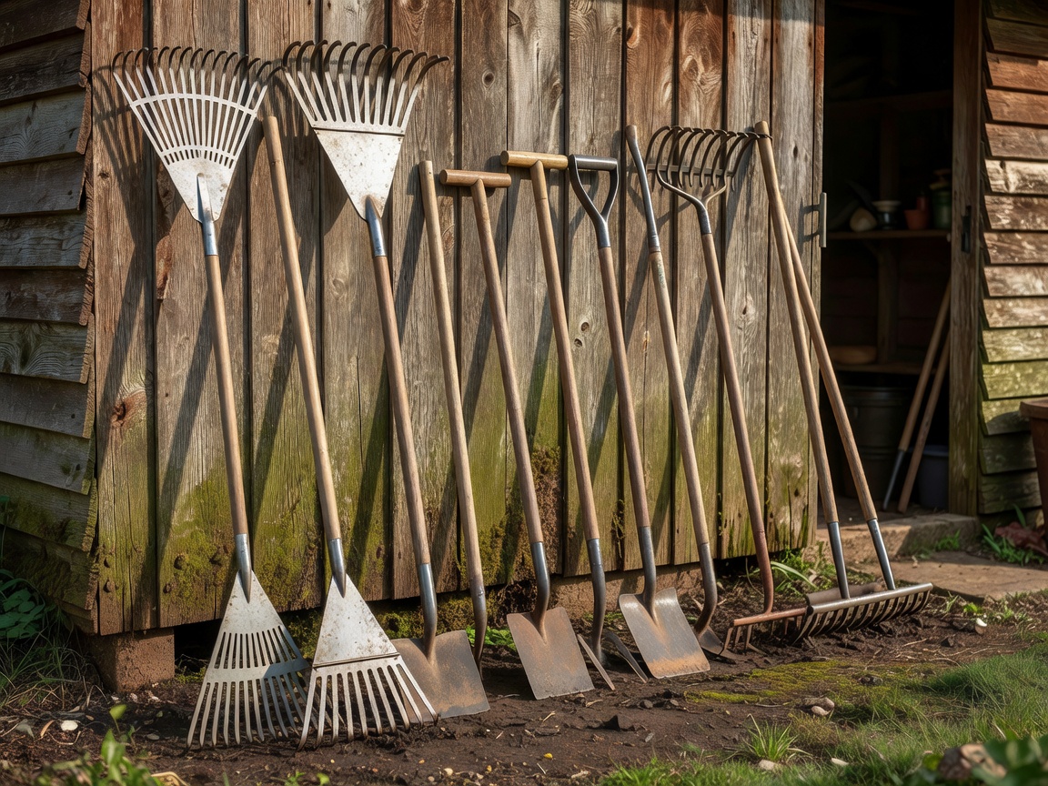 Various rakes and hoes leaning against a garden shed wall