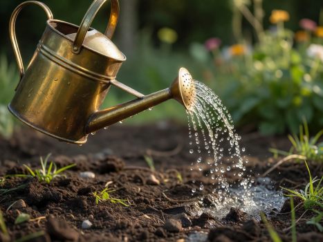 Water pouring gently from a brass rose on a watering can